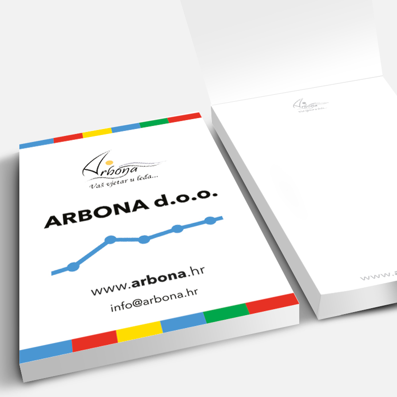 Arbona, A5, 50 lista, tisak listova 2/0, tisak omota 4/0, omatanje, otvaranje gore-dolje