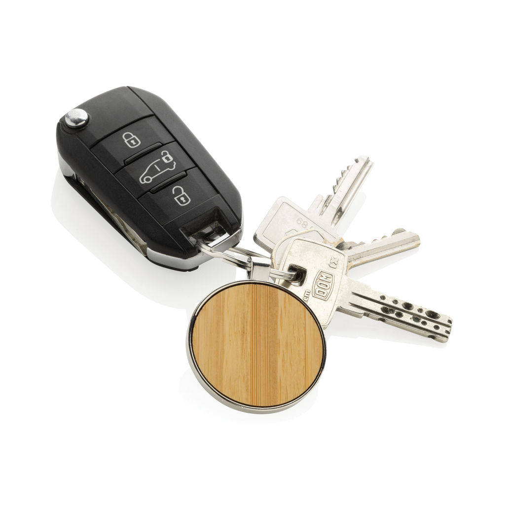 RCS recycled zinc alloy round keychain with bamboo - Slika 4